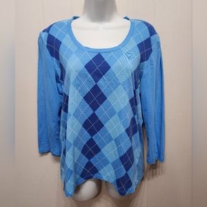 Talbots  Sweater‎ Small Women's Argyle Blue Lightweight 3/4 Sleeve Casual B426
